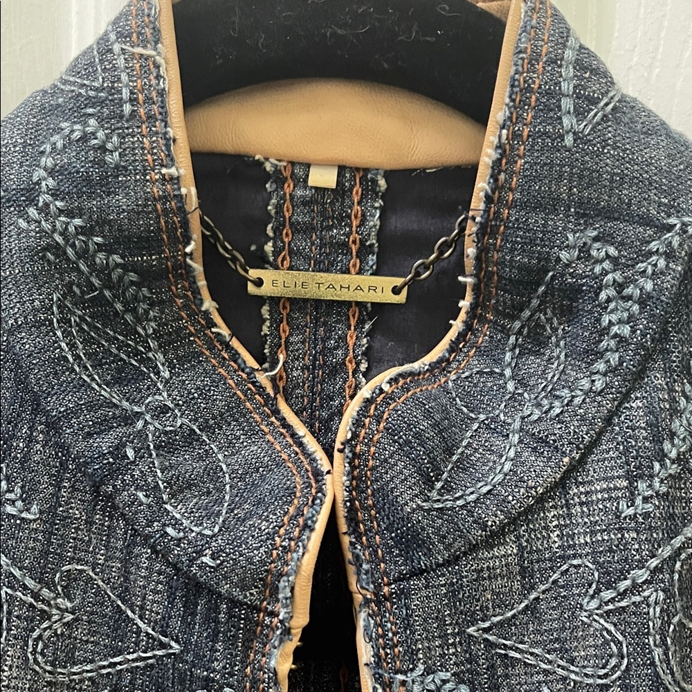 Elie Tahari Embroidered Denim Jacket with Tan Leather Accents - Picture 2 of 7